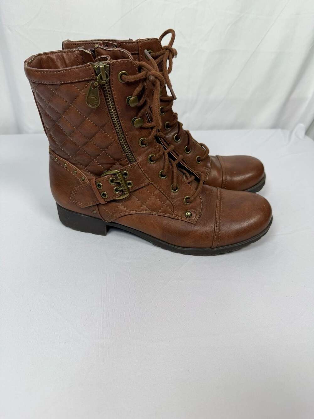 G by Guess Brown Quilted Lace-Up Combat Boots Size 7.5M